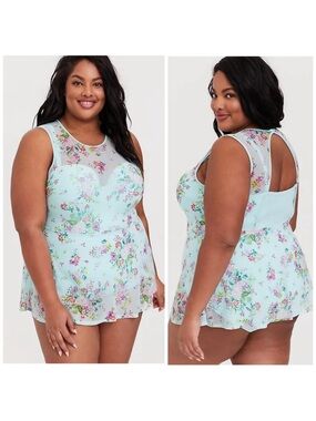 Torrid Aqua Floral Mesh Skater Swim Dress Plus Size 4X Mint Floral Swimsuit NEW